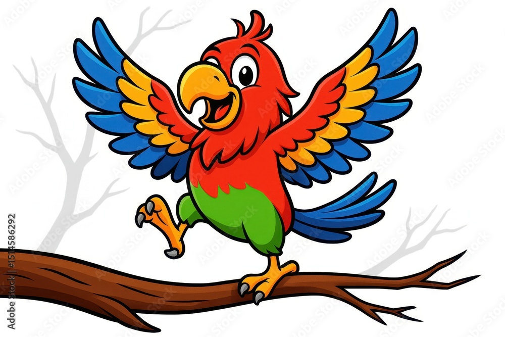 Obraz premium Vibrant Cartoon Parrot Dancing – Expressive Wing-Flapping Pose on White Background