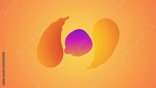 A striking abstract background featuring soft, organic liquid shapes in warm orange and red tones, with a central purple element. Ideal for modern, energetic designs and digital art.