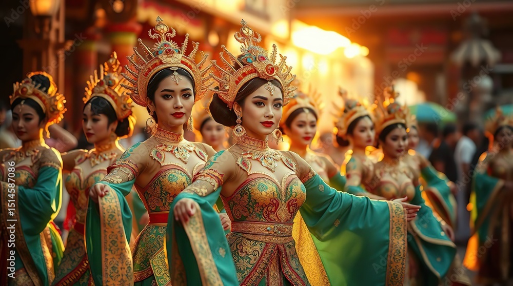 Obraz premium Group of women in ornate, green and gold costumes perform outdoor in warm light