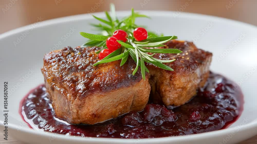 Gourmet Meal: A delectable presentation of two expertly prepared meat portions, glazed to perfection and nestled on a bed of rich, savory sauce, garnished with fresh herbs and vibrant berries. Gourmet Meal: A delectable presentation of two expertly prepared meat portions, glazed to perfection and nestled on a bed of rich, savory sauce, garnished with fresh herbs and vibrant berries.