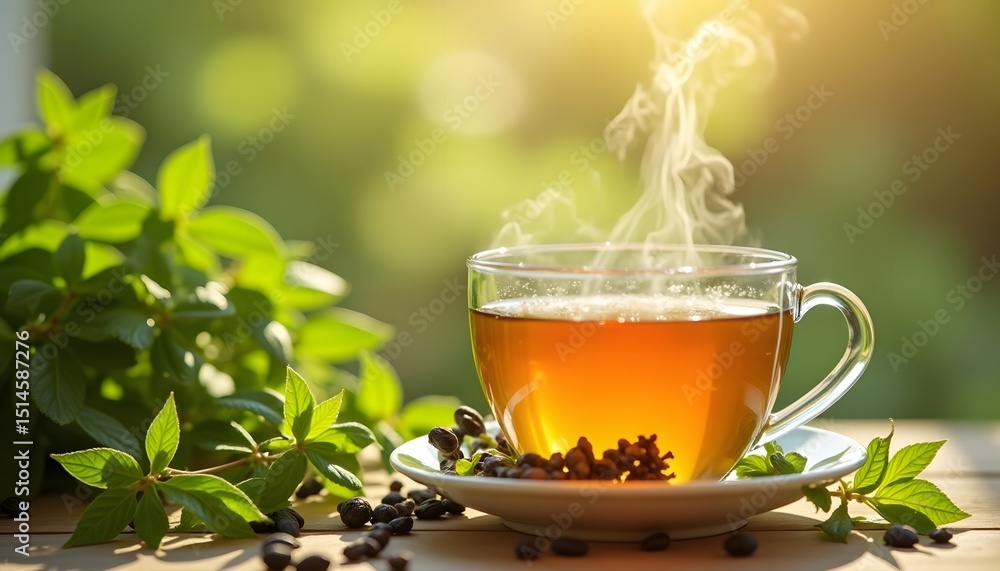 A steaming cup of tea is placed on a table in front of a blurred background. the aroma of tea rises, inviting the viewer to experience a moment of tranquility. A steaming cup of tea is placed on a table in front of a blurred background. the aroma of tea rises, inviting the viewer to experience a moment of tranquility.