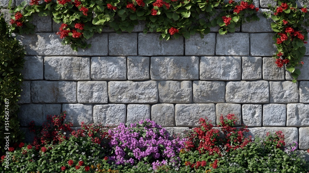 Naklejka premium Stone Wall with Blooming Flowers: Garden Background Image