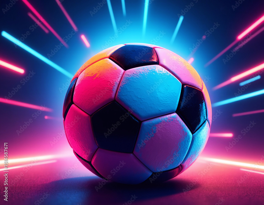 Naklejka premium A brightly colored soccer ball illuminated with dynamic neon lights in multicolored tones.