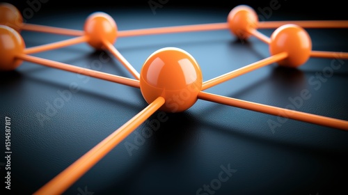 Network connections with orange spheres and lines 3D illustration of connected orange spheres representing a digital network or data structure on a dark textured surface