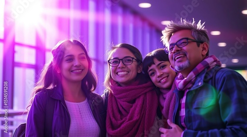 Smiling family of four poses in a brightly lit indoor space, joyful and close