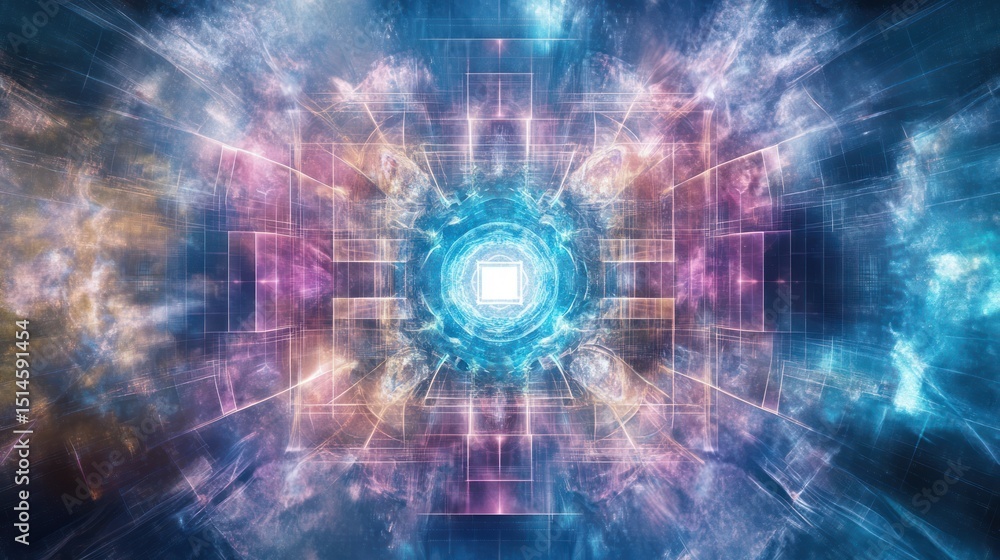 Fototapeta premium Abstract digital art depicting a symmetrical, glowing portal within a geometric framework, enveloped by swirling nebula-like clouds