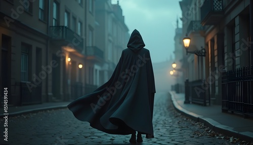 A mysterious figure cloaked in darkness walks down a fog-shrouded cobblestone street, the glow of gas lamps illuminating their path. The atmosphere is one of intrigue and suspense. 