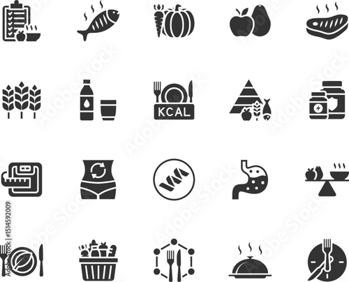 Vector set of nutrition flat icons. Contains icons meal plan, food basket, vegetables, fruits, vitamins, protein, food pyramid, metabolism and more. Pixel perfect.