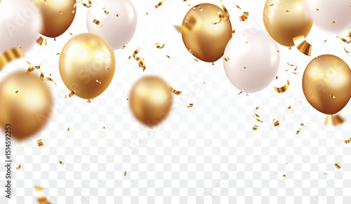 Celebration banner with gold confetti and balloons