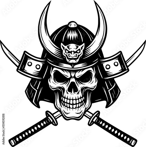 Design featuring a skull with a samurai helmet and crossed swords in a bold, striking black and white style