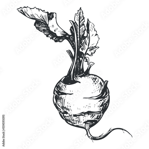 Vector linear sketch of kohlrabi. Ink drawing in old engraving style. Hand drawn cabbage illustration. Round head and leaves of German turnip on white background.