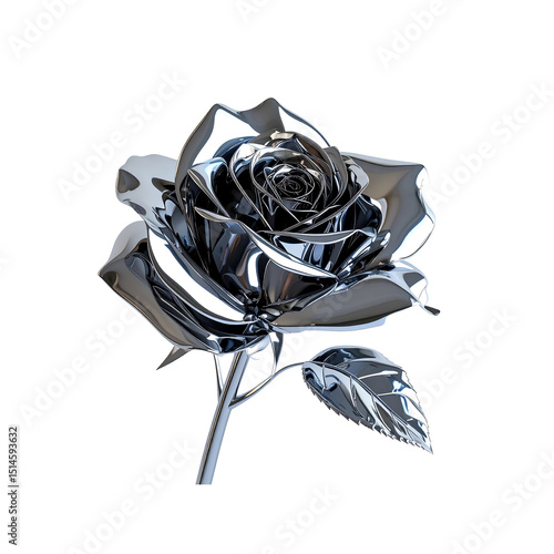 Reflective chrome rose elegant flower design image 3d on transparent background
