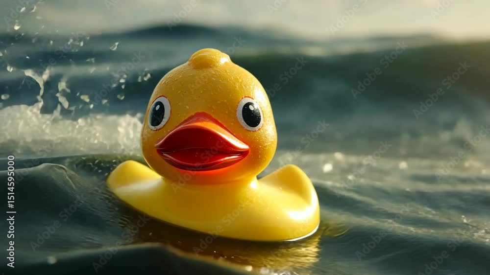 a lonely feeling scenery, yellow rubber duck in dark vast ocean in dim light a lonely feeling scenery, yellow rubber duck in dark vast ocean in dim light