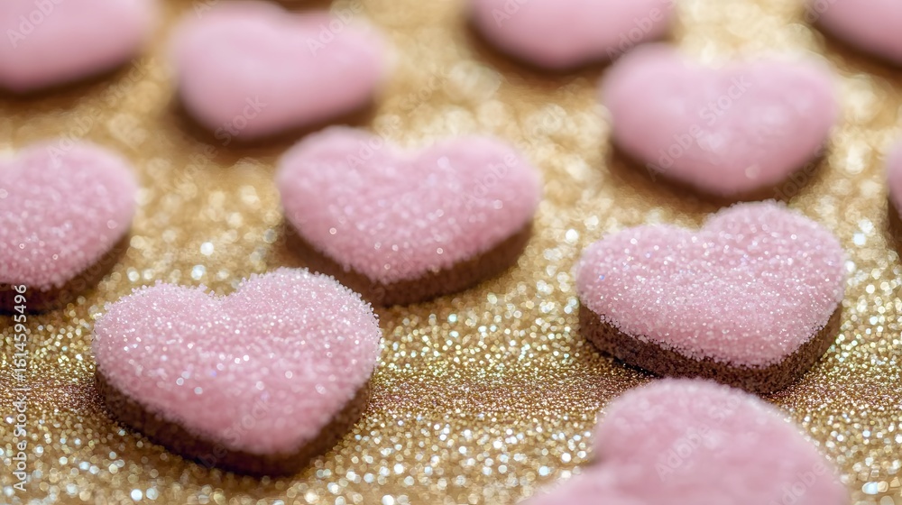 Fototapeta premium Pink Glitter Hearts on Gold Background Romantic Valentine's Day Treats