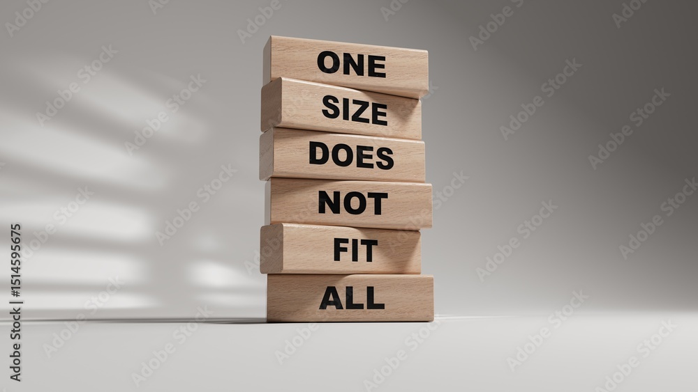 © bo - One size does not fit all symbol. Concept words One size does not fit all on wooden blocks.One size does not fit all business concept. Copy space.3D rendering on white background.