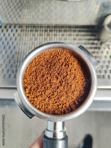 coffee beans in a holder on a coffee machine background