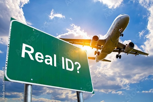 Travel and identification concept questioned near airplane with sunny blue sky background, real id, travel, airplane, flight, sign, road sign, question, identity, identification, boarding, sky, clouds