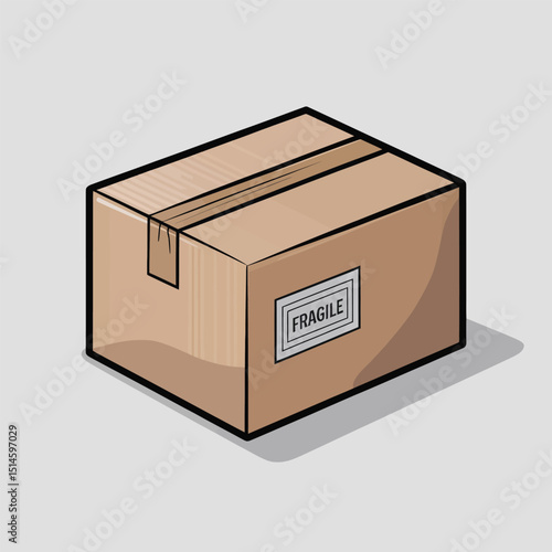 Stylized 3D Cardboard Box Illustration with Tape and Fragile Marking for Safe Shipping