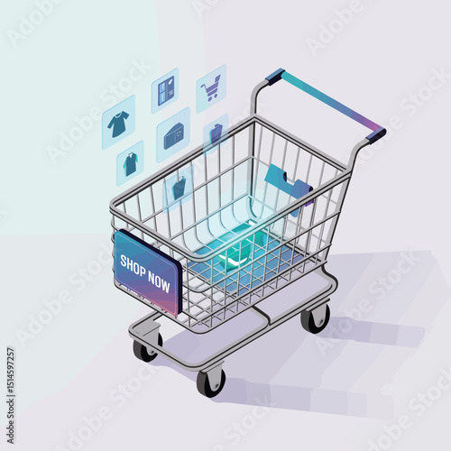High-Tech Isometric Shopping Cart with Laptop, Smartphone, Credit Cards, and Smartwatch Inside, Digital Payment and Online Shopping Illustration for E-commerce and Retail Businesses