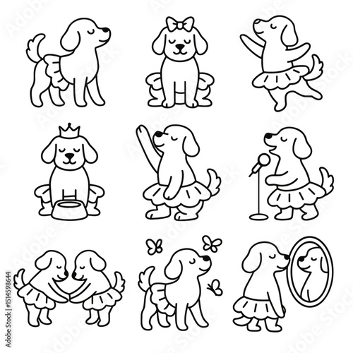 Dog wearing a tutu in various playful poses and activities , vector icon set