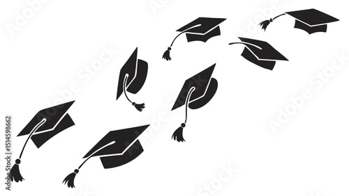 a line of black graduation caps with tassels trailing downwards diagonally across a isolated on white background