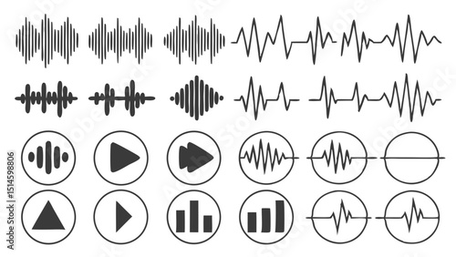audio wave icons and waveforms vector illustration of a set of headphones isolated on white background.
