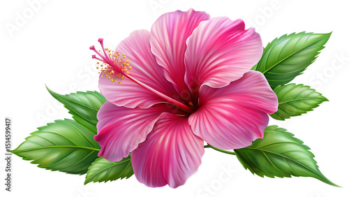 Vibrant Pink Hibiscus Flower Illustration with Detailed Petals and Green Leaves on a Clean Black Background for Versatile Design Applications