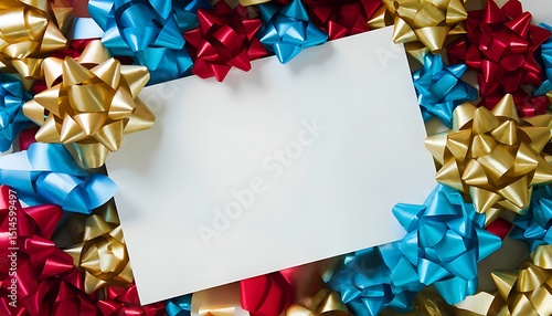 Blank white sheet of paper surrounded by colorful decorative bows