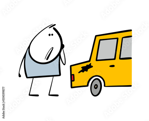 Cartoon sad cartoon stickman looks at a spot on the car. Vector illustration of an accident on the road, the driver scratched the taxi transport.