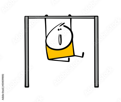Cartoon child is playing sports, hanging on a horizontal bar, pulling up a vector illustration of a boy on the playground or in the gym.