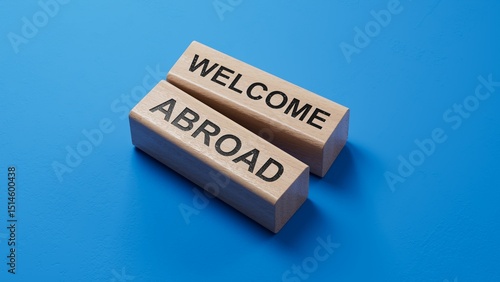 Text WELCOME ABROAD on a sticker on the calculator, business concept. wooden blocks. Copy space.3D rendering on blue background.