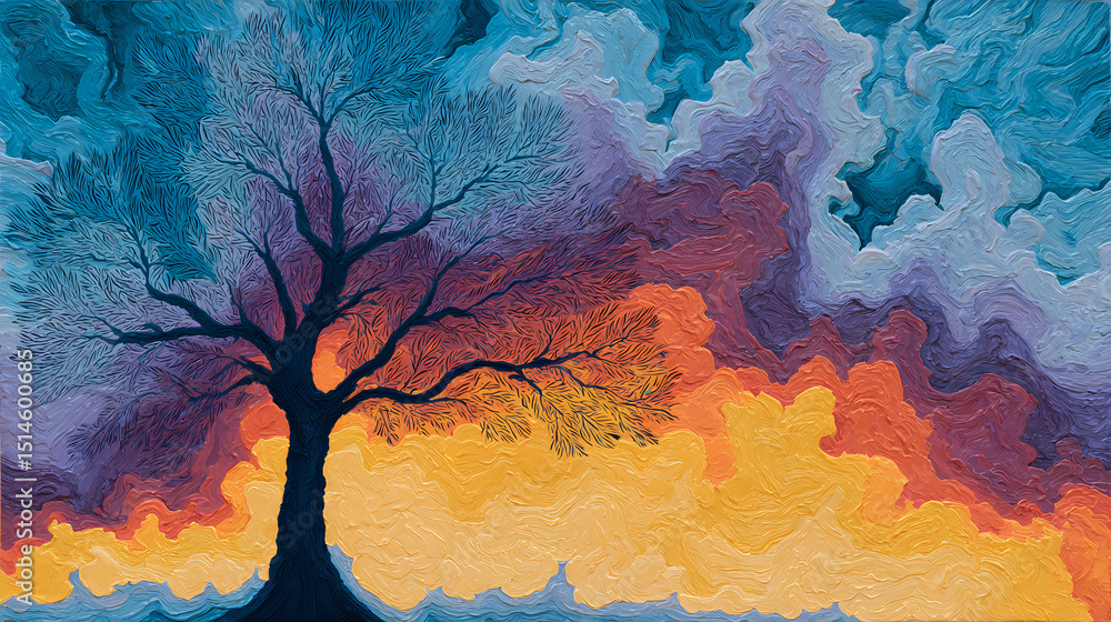 Fototapeta premium album cover for folk fusion artist | sacred transformation | spiritual awakening | sunset gradients | fluid asymmetry | symbolic trees | tactile brush buildup | mythic icon layering | contemporary