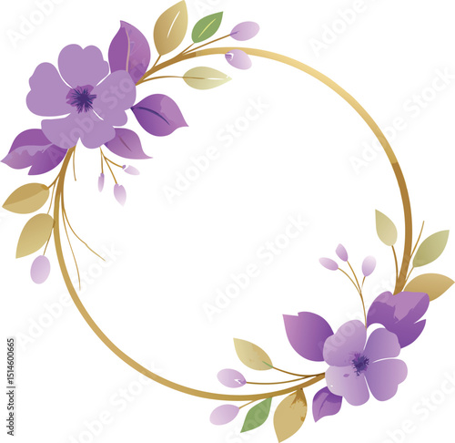 Romantic Wreath of Watercolor Flowers and Gold Circle