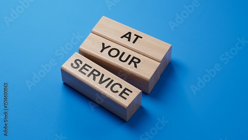 At your service symbol. wooden blocks with words At your service.Business and At your service concept.Copy space.3D rendering on blue background.