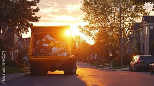 Sunset illuminates residential street with garbage truck.