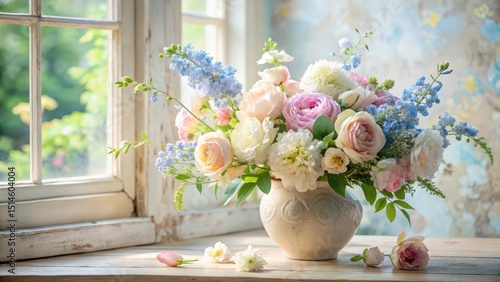 A delicate arrangement of pastel roses, delphiniums, and other blossoms in an ornate vase, bathed in sunlight by a rustic windowsill