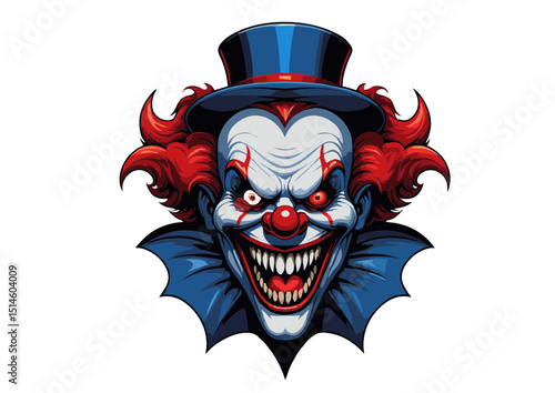 Sinister Clown Face Illustration Spooky Halloween Design, Creepy Jester Portrait, Evil Circus Character Art, Horror Theme Graphic
