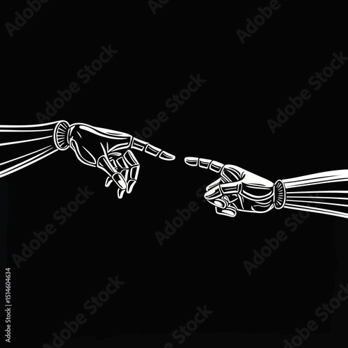 Visualize the profound connection between human and artificial intelligence through a symbolic illustration of robotic and human hands touching fingertips, representing the synergy of future technolog