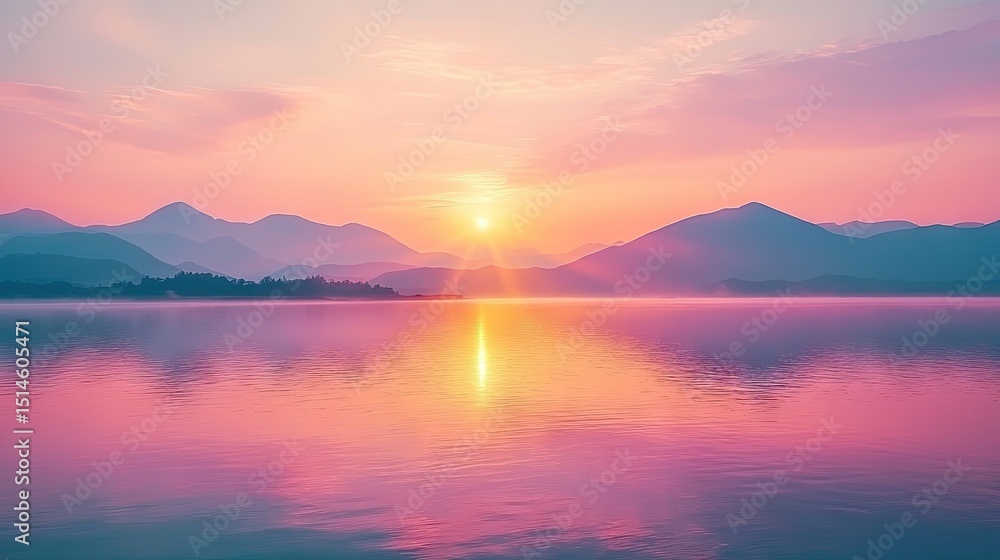 Serene sunrise over a calm lake with mountains. Serene sunrise over a calm lake with mountains.