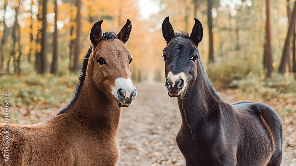Fototapeta premium Two Foals in Autumn Forest Path
