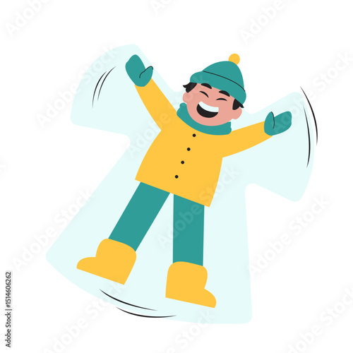 Snow Angel Fun: A cheerful child wearing a winter coat makes a snow angel with a beaming smile on fresh snow