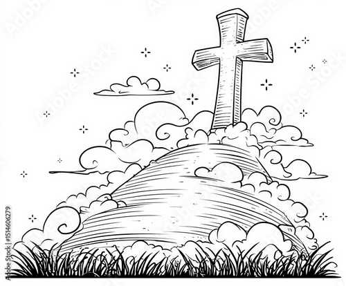 A cross on a hill , coloring page for kids, simple outline illustration. Coloring book.