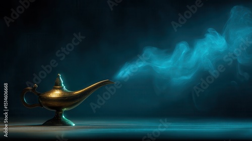 Photorealistic minimal studio shot of a matte antique brass Arabian minimalistic genie lamp (no chain) placed slightly off-center on a deep navy-blue background, dramatic side.