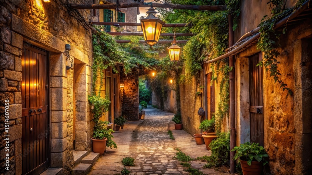 Fototapeta premium Enchanted Evening in a Stone-Walled Village Lane with Soft Golden Lighting and Lush Greenery