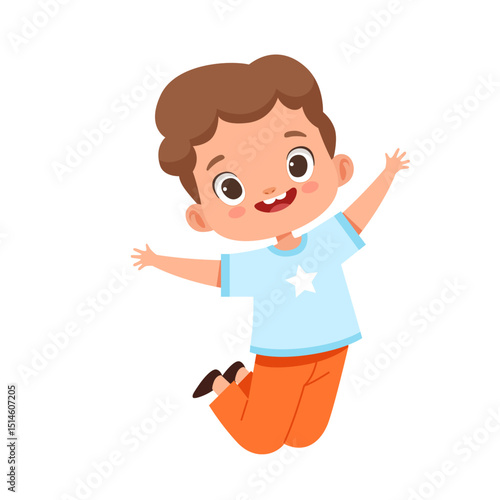 Joyful Leap: A cheerful illustration captures a young boy mid-air, filled with unbridled happiness, embodying the simple joys of childhood with outstretched arms and an infectious smile.