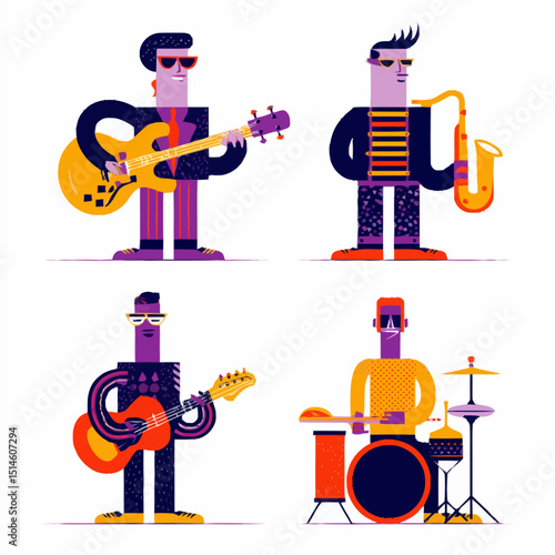 Pixel Art Band Musicians Playing Guitar Saxophone and Drums