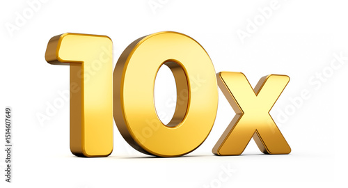 3d illustration of golden number 10x Ten or Times isolated on white background with shadow.