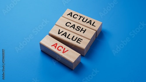 ACV actual cash value symbol. Concept words ACV actual cash value on blocks . Business and ACV actual cash value concept. Copy space.3D rendering on blue background.