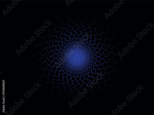 A striking, abstract design featuring a vibrant indigo radial pattern emanating from a central point on a pure black background.