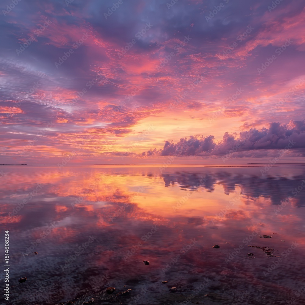 Naklejka premium Pink and Orange Sunrise Over Calm Ocean Water.